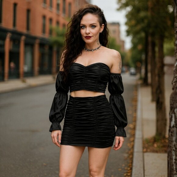 Up All Night Black Ruched Satin Off Shoulder Crop Top & Mini Skirt Set Sz S - Picture 2 of 4